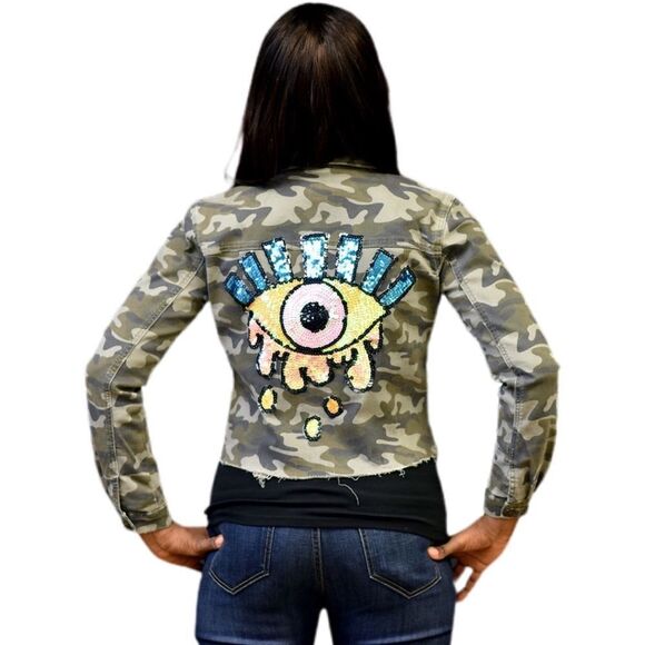 Jackets & Blazers - Cropped Camo Jacket W/ Sequin Evil Eye Patch